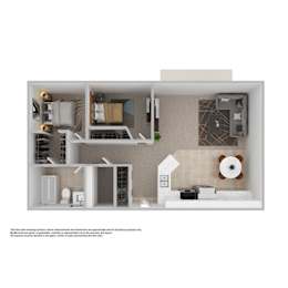 A floor plan of a small apartment with a kitchen, living room, and bathroom.