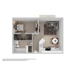A floor plan of a house with a kitchen, living room, and bathroom.