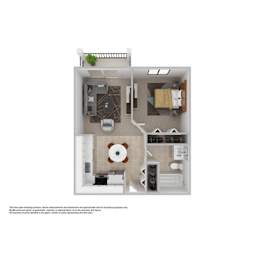 A floor plan of a small apartment with a kitchen, living room, and bathroom.