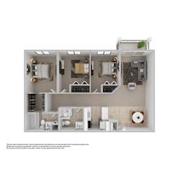 A floor plan of a house with furniture and appliances.