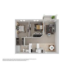 A floor plan of a small apartment with a kitchen, living room, and bathroom.