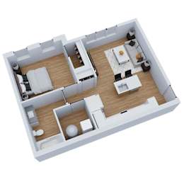 3D floor plan showing one bedroom layout at Sequel Homes Apartments, Englewood