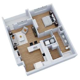 3D floor plan with living room and bedroom layout at Sequel Homes Apartments, Englewood, CO 80110