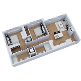 3D floor plan with living area and two bedrooms at Sequel Homes Apartments, Englewood, CO