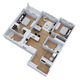 3D floor plan with multiple bedrooms and open living area at Sequel Homes Apartments, Englewood, Colorado
