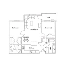Two bedroom two bath floor plan with deck at Cypress Court Apartments, St Cloud, MN 56303