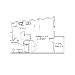 Studio floor plan with patio balcony at Cypress Court Apartments, Minnesota