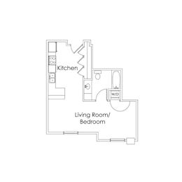 Studio floor plan with combined living bedroom space at Cypress Court Apartments, St Cloud, MN