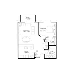 One bedroom apartment floor plan layout at Grand Gateway Apartments, Minnesota, 56301