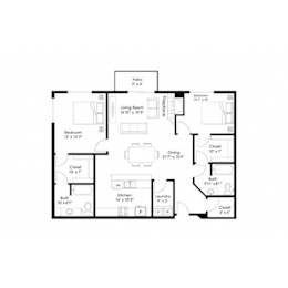 Two bedroom two bath floor plan layout at Grand Gateway Apartments, St Cloud, Minnesota