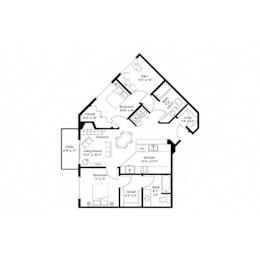 Two bedroom floor plan with fireplace at Grand Gateway Apartments, St Cloud, MN 56301