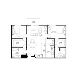 Two bedroom two bath apartment floor plan at Grand Gateway Apartments, St Cloud, 56301