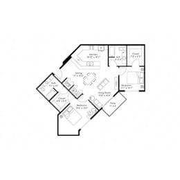 Two bedroom two bath floor plan with angled design at Grand Gateway Apartments, St Cloud, Minnesota