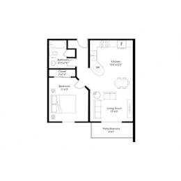 One bedroom apartment floor plan layout at Prosper West Apartments, Waite Park, MN 56387