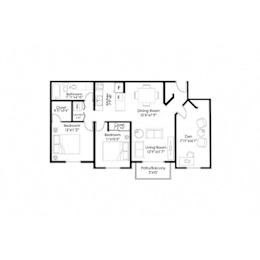 Two bedroom den floor plan with balcony at Prosper West Apartments, Waite Park, MN