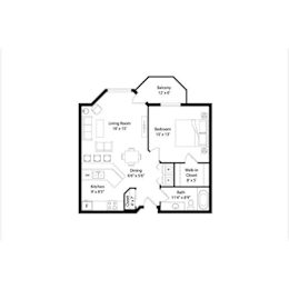 One bedroom one bathroom floor plan layout at Regency Park Apartments, St Cloud, MN