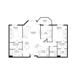 2 bedroom two bath floor plan layout at Regency Park Apartments, St Cloud, Minnesota