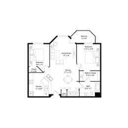 Two bedroom apartment floor plan with walk-in closet at Regency Park Apartments, St Cloud, MN