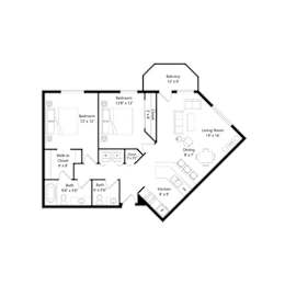2 bedroom floor plan with balcony and walk-in closet at Regency Park Apartments, St Cloud, Minnesota