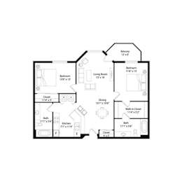 Two bedroom two bathroom floor plan with balcony at Regency Park Apartments, Minnesota