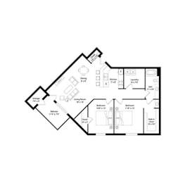 Two bedroom apartment floor plan with angled living room at Regency Park Apartments, Minnesota, 56304