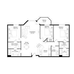 Three bedroom two bathroom floor plan layout at Regency Park Apartments, St Cloud, Minnesota