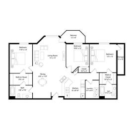 Three bedroom apartment floor plan with two bathrooms at Regency Park Apartments, St Cloud