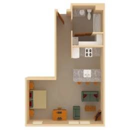 3D floor plan of studio apartment layout at The Ponds at Heritage Place Apartments, Sartell, MN 56377
