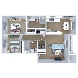 Two bed two bathroom floorplan with balcony at Lexington Park Apartments, West Valley City, UT