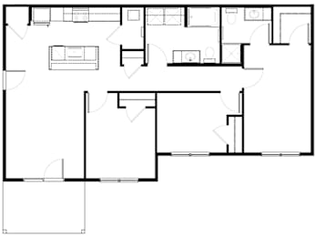 A black and white image of a floor plan with various rooms and spaces.