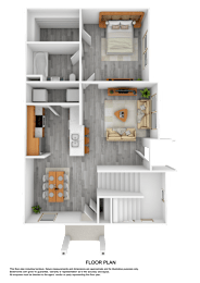 Floor Plan  A floor plan of a small apartment with a kitchen, living room, and two bedrooms.