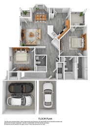Floor Plan  A floor plan of a house with two bedrooms, two bathrooms, a living room, a kitchen, and two parking spaces.