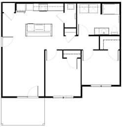 A black and white image of a floor plan with various rooms and spaces.