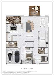 Floor Plan  A floor plan of a house with a garage and two bedrooms.