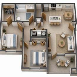 Two bedroom floor plan with open living space at Silver Ridge Apartments, Meridian, 83642