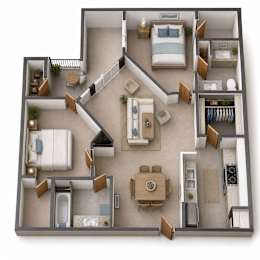A 3D floor plan of a house with a kitchen, living room, dining room, and bedrooms.
