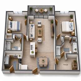 A 3D floor plan of a house with labeled rooms.