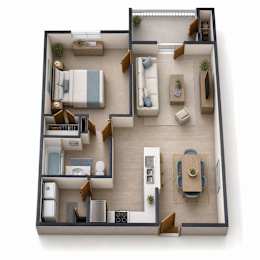 A top-down view of a house layout with a living room, dining area, kitchen, and bedrooms.