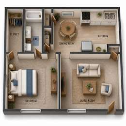 One bedroom apartment 3D floor plan layout at Stonetree Apartments, East Point, GA 30344