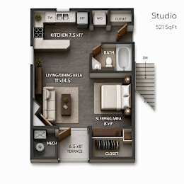 A 3D floor plan of a studio apartment with a kitchen, living/dining area, sleeping area, and terrace.