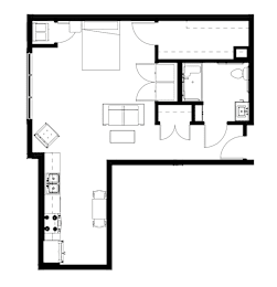 A black and white image of a floor plan with various rooms and furniture.