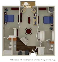 Floor Plan  A 3D floor plan of a house with a kitchen, living room, and two bedrooms.