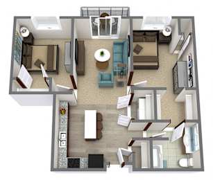 Floor Plan  A top down view of a living room, kitchen, and dining area.