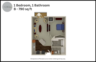 Floor Plan  A floor plan of a one bedroom, one bathroom apartment sized 790 square feet.