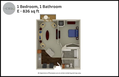 Floor Plan  a floor plan of 1 bedroom 1 bathroom e 836 sq ft