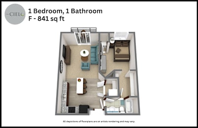 Floor Plan  A floor plan of a one bedroom, one bathroom apartment sized 841 square feet.