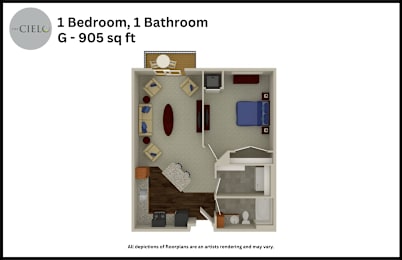 Floor Plan  A floor plan of a 905 square foot apartment with one bedroom and one bathroom.