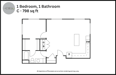 Floor Plan  A floor plan of a 1 bedroom, 1 bathroom apartment sized at 798 square feet.
