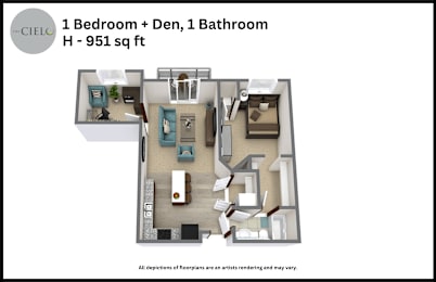 Floor Plan  A floor plan of a one bedroom apartment with den and bathroom.