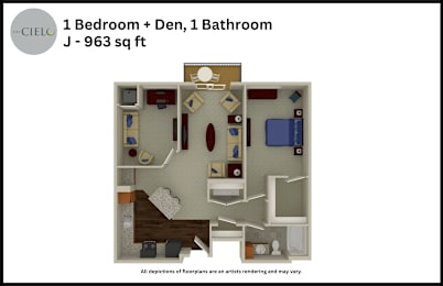 Floor Plan  A floor plan of a 963 square foot studio apartment with one bedroom, one den, and one bathroom.
